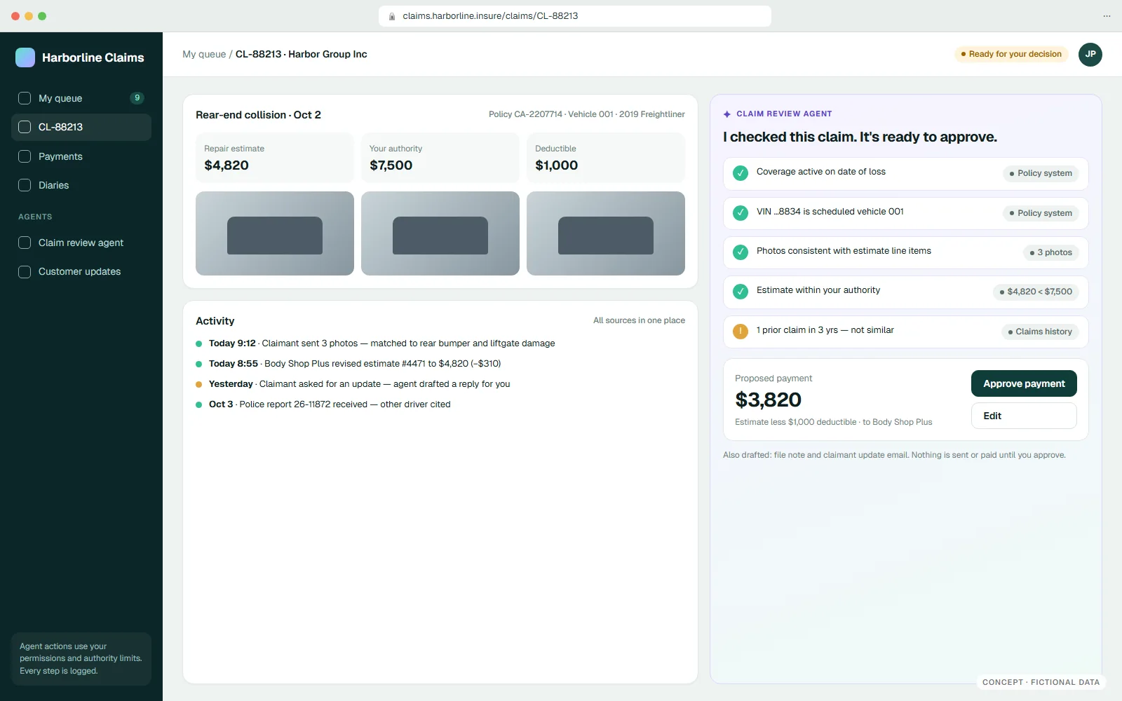 After: One screen, one agent, one decision — fictional insurance claims concept