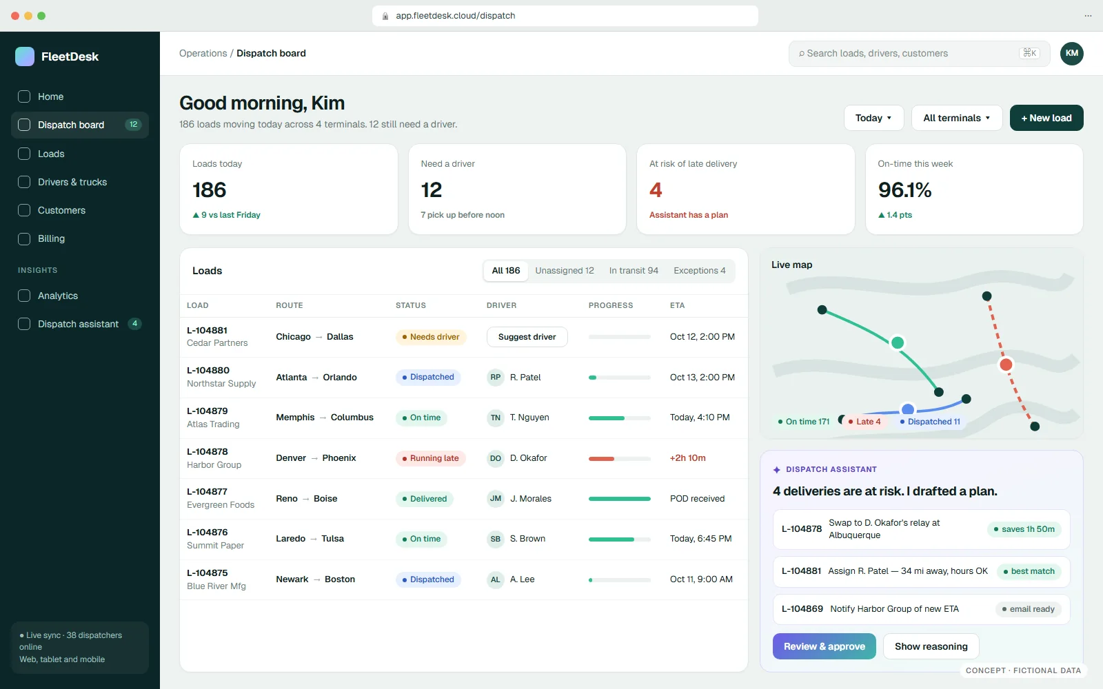 After: FleetDesk Cloud · any browser — fictional logistics concept