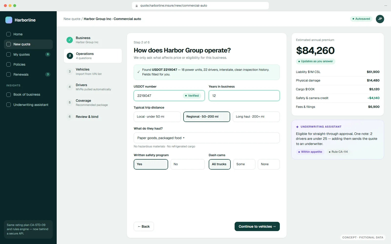 After: Harborline Quote · 6 guided steps — fictional insurance concept