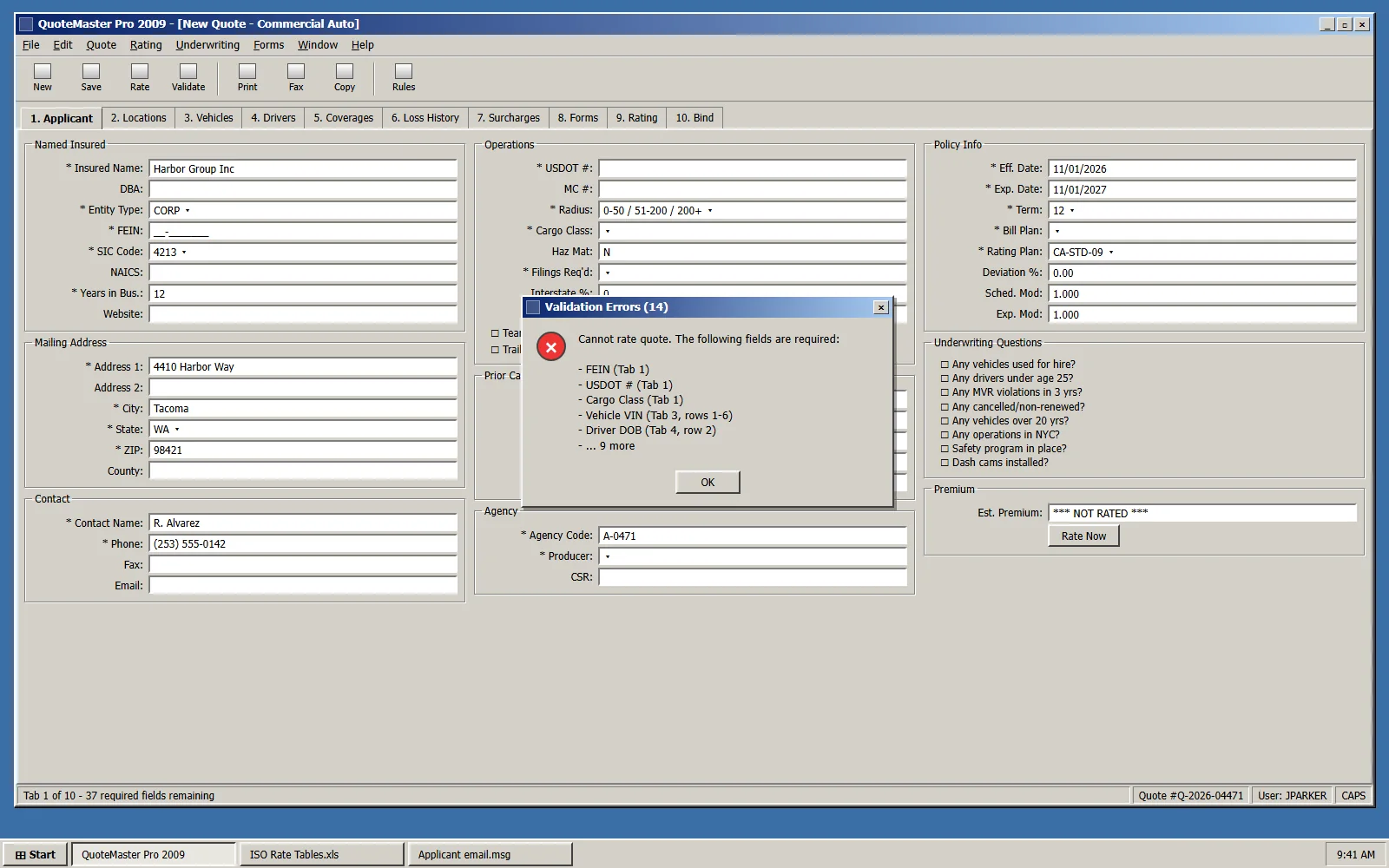 Before: QuoteMaster Pro 2009 · 10 tabs — fictional insurance concept