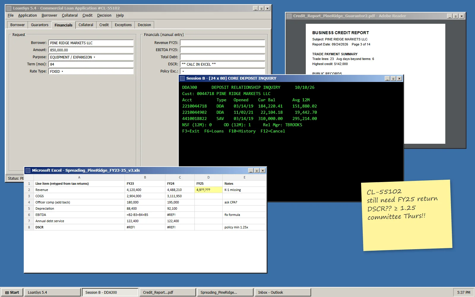 Before: 4 systems, a spreadsheet and a sticky note — fictional banking & lending concept