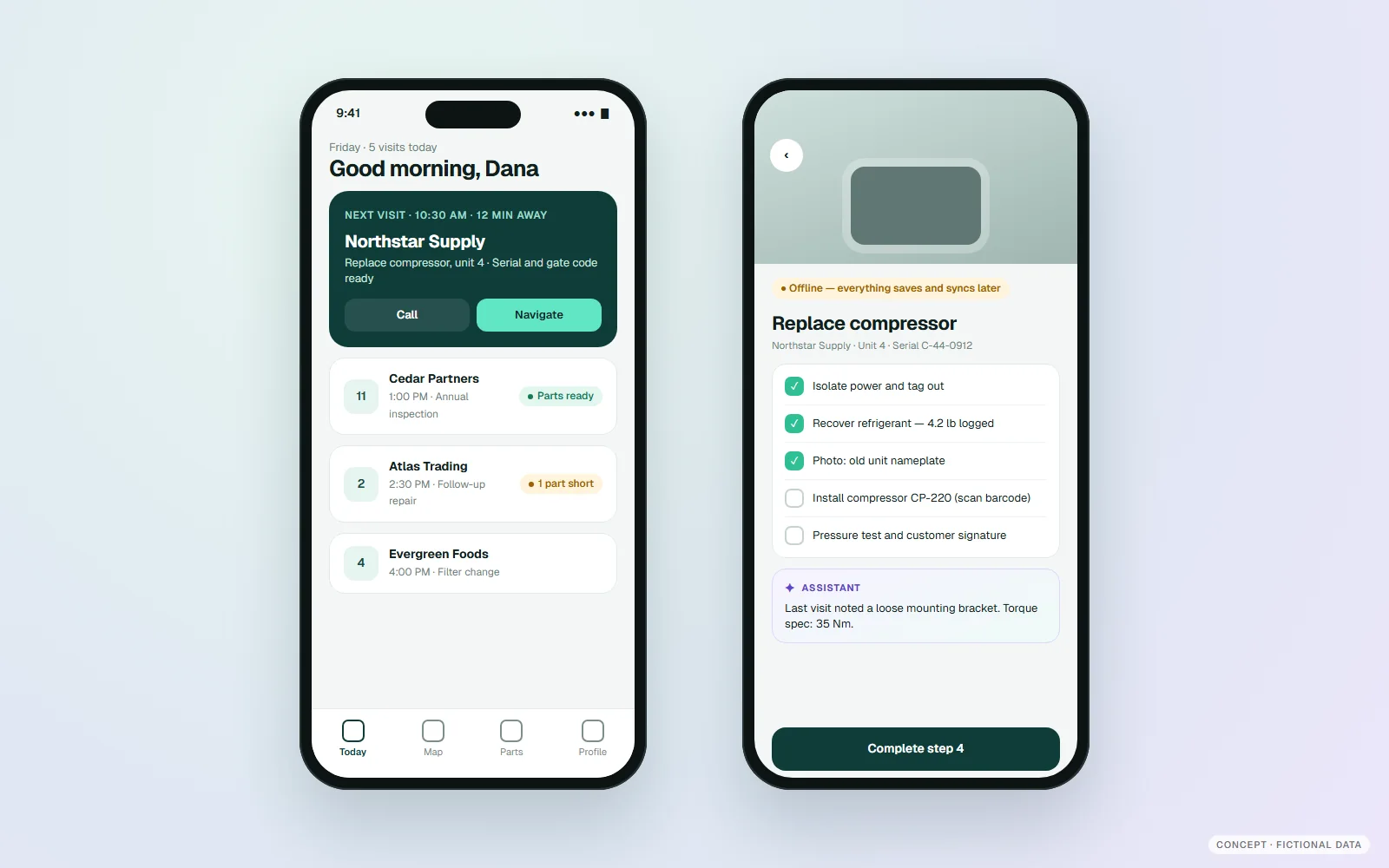 After: FieldServ · rebuilt for the field — fictional field service concept