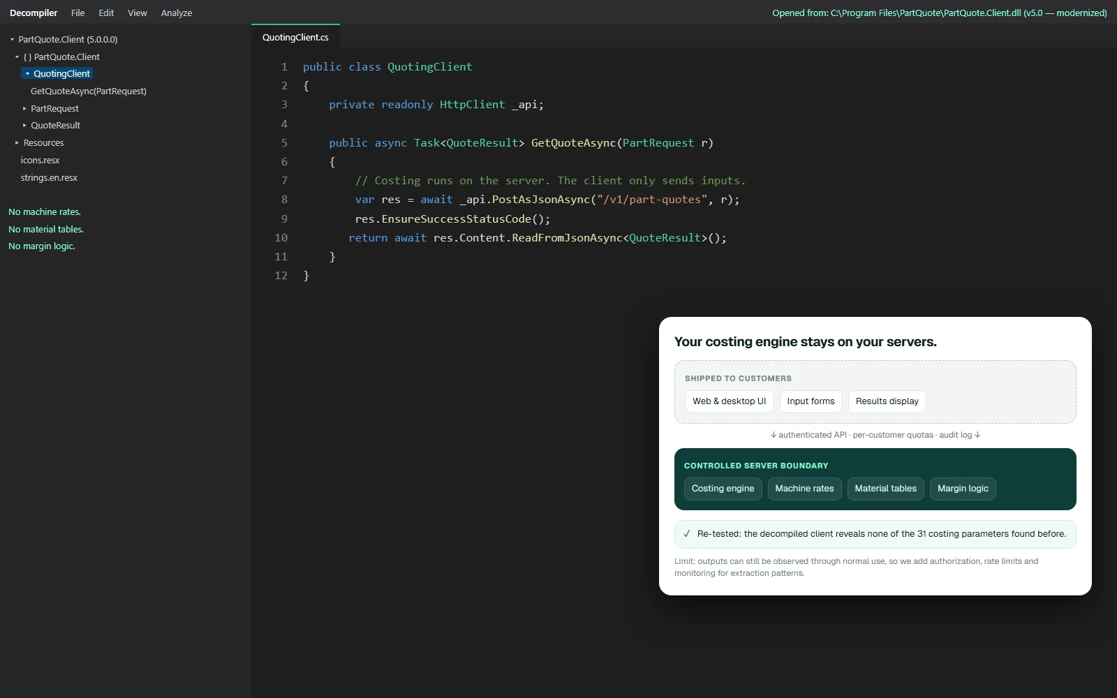 After: Modernized client, same decompiler — fictional manufacturing concept