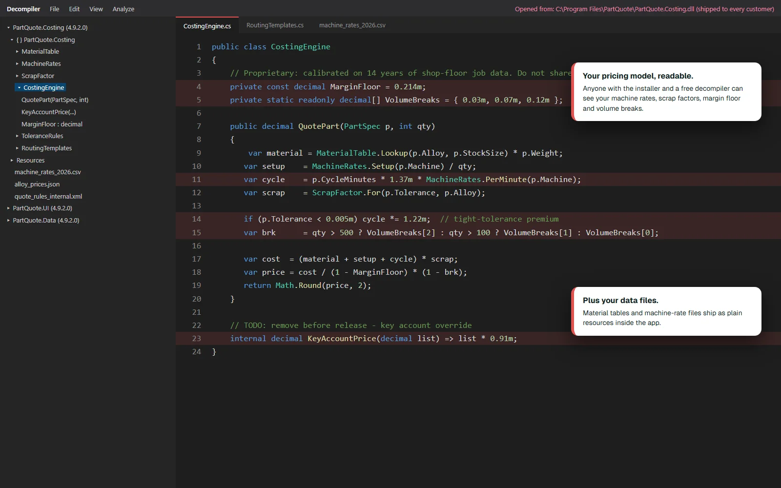 Before: Shipped .dll, opened in a free decompiler — fictional manufacturing concept